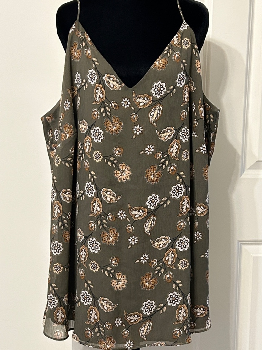 Calvin Klein Olive Green Floral Spaghetti Strap Fully Lined Women's Top
